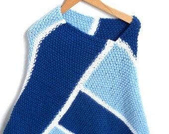 Hand knitted colorblock poncho. Knitted vegan cover up, stripes in light blue, cobalt blue, white. Handknitted accessory, Per Elle knitwear