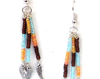 Dangle earrings orange, turquoise, brown seed beads with feather. Bohemian earrings, glass bead, silver-colored charm, silverplated ear wire