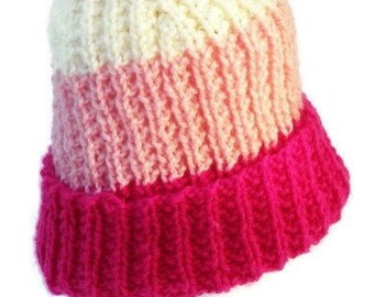 Hand knitted beanie in hot pink, light pink, off white. Handcrafted slouchy hat, handknitted hat, ribbed skater beanie, headgear hipster