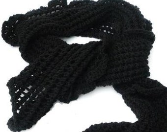 Black knitted scarf with ruffle, ruffle crocheted by hand. Handknitted wrap, black vegan shawl, chunky stole hipster, Per Elle accessories