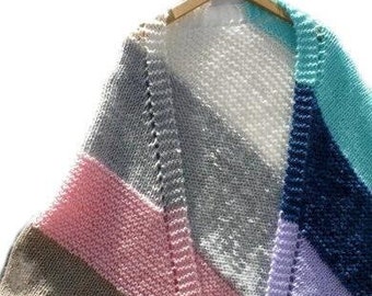 Hand knitted wrap shawl in striped pattern. Knitted triangular shawl, vegan triangle wrap, blue, lilac, kit, green, turquoise, pink stripes