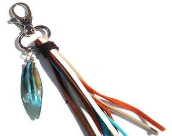 Bag charm, keychain with charm turquoise mother of pearl, faux suede cords. Beach accessories, summer, bag, key ring, vegan leather tassel