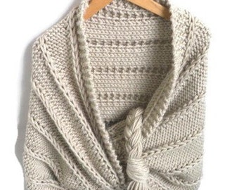 Beige knitted scarf with fringes. Handknitted wrap, knitted chunky shawl, trendy sand colored stole,  plait with fringes, Per Elle knitwear