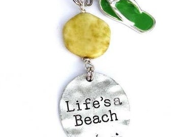 Bag charm, keychain with mother of pearl, metal pendant epoxy flipflops, silverplated charm Life is a beach. Purse charm, handbag, key ring