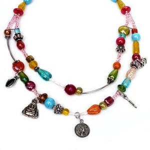 Multicolour short necklace, 2 strands glass beads and charms. Handcrafted beaded collar, red, yellow, orange, blue, green, pink, turquoise image 1