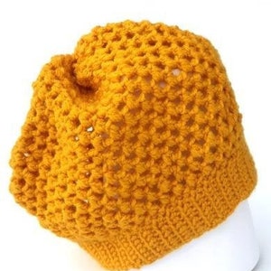 Yellow handcrocheted beanie. Handcrafted mustard yellow slouchy hat, crocheted lady beanie, bobble hat, beanie hat hipster, headgear winter. image 1