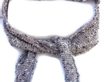 Knitted Sophie scarf from grey, brown and cream variegated yarn. Handknitted neckerchief,  knitted ribbed scarf, trendy small shawl, necktie