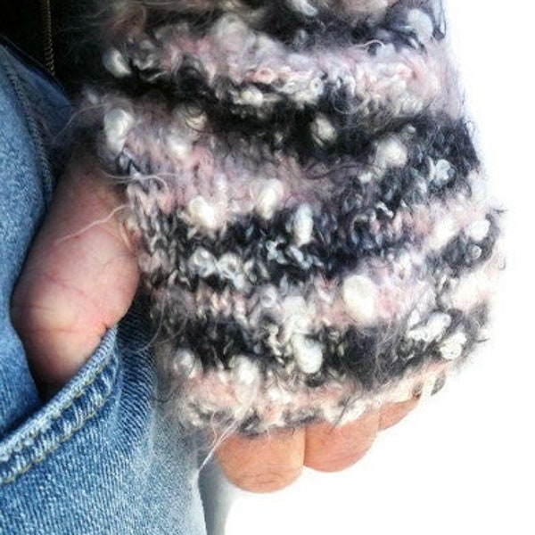 Handknitted fingerless gloves with fluffy yarn in pink, grey and white. Handmade wrist warmers, knitted mittens, PerElle arm warmer, hipster