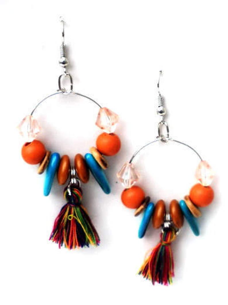 Earhoops with tassels, beads. Handcrafted lightweight earring, glass bead, shell, wood, coconut. Boho hoop earring, orange, turquoise, brown image 1