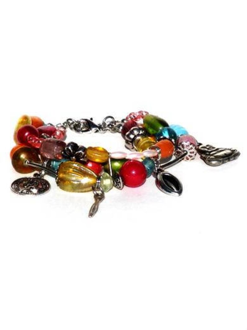 Multicolour bracelet with 3 strands beads and charms. Handcrafted wristlet with glass beads in pink, orange, yellow, turquoise, red, green zdjęcie 7