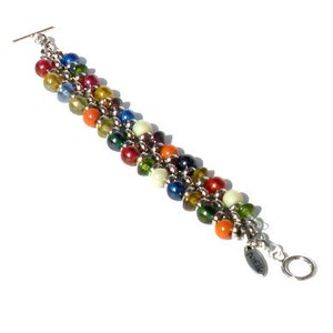 Multicolour bracelet with glass beads and silver-colored rollo chain. Handcrafted wristband, silver colored toggle clasp, boho chic jewelry image 6