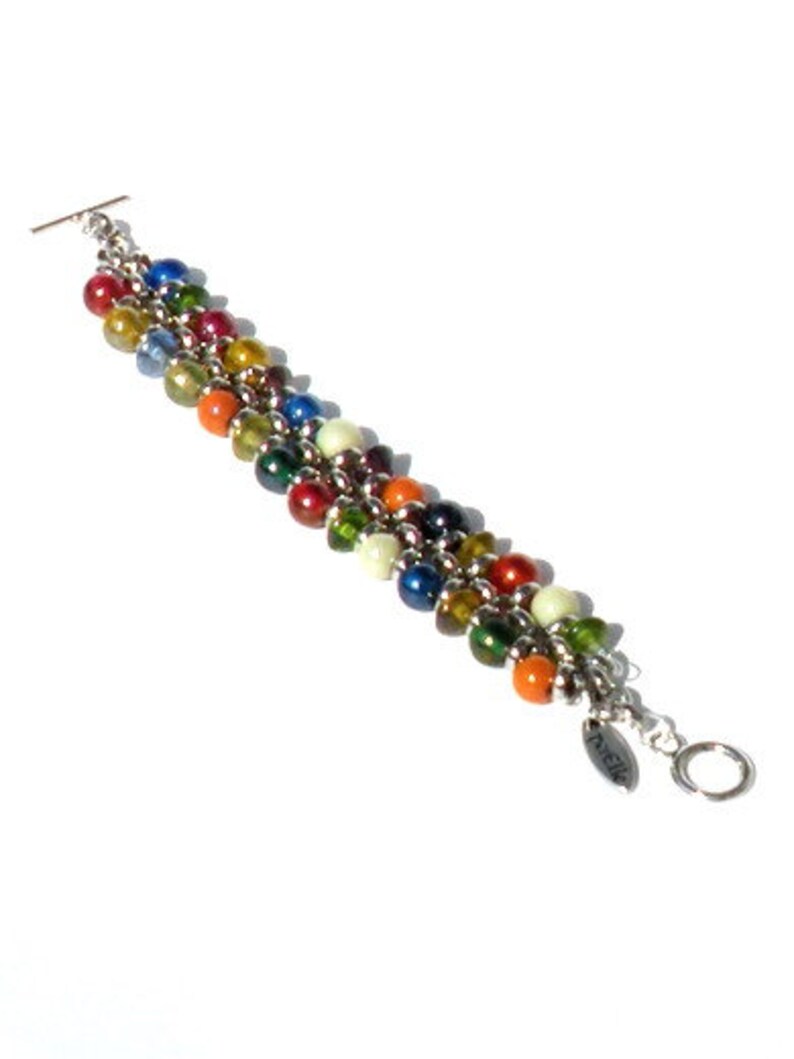 Multicolour bracelet with glass beads and silver-colored rollo chain. Handcrafted wristband, silver colored toggle clasp, boho chic jewelry image 6