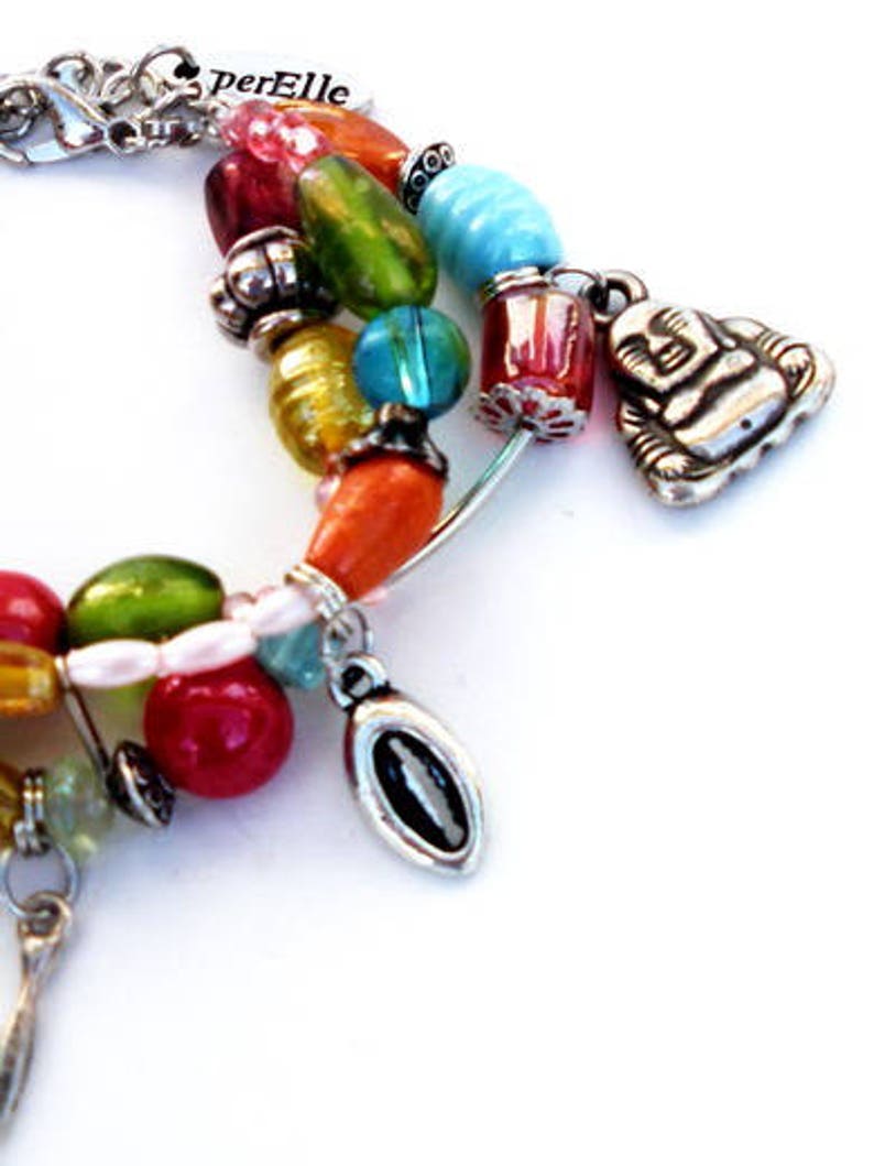 Multicolour bracelet with 3 strands beads and charms. Handcrafted wristlet with glass beads in pink, orange, yellow, turquoise, red, green zdjęcie 3