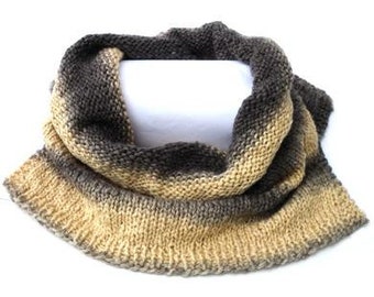 Hand knitted beige with brown cowl, edges in rib and vents in each side, hooded scarf handknitted. Handcrafted tube shawl, knitted scoodie