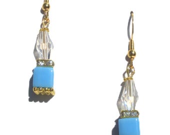 Handmade Gold Earrings with Faceted Glass & Cube Beads in blue, white, black – Gold-colored ear hooks – Elegant Jewelry, spacers rhinestone