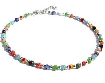 Beaded anklet with 4 mm Millefiori glass beads and 3 mm silver coloured beads. Handcrafted ankle bracelet, boho beach jewelry, Murano glass