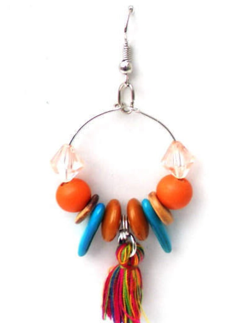 Earhoops with tassels, beads. Handcrafted lightweight earring, glass bead, shell, wood, coconut. Boho hoop earring, orange, turquoise, brown image 2