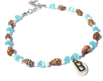 Personalized anklet with shell beads, tiger eye beads, acrylic beads and a shell charm with a letter of your choice, handmade ankle bracelet