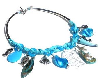 Aquamarine necklace, charms, shell, mother-of-pearl. Handcrafted collar, braided necklace turquoise, suede wax cords, silver-colored tubes