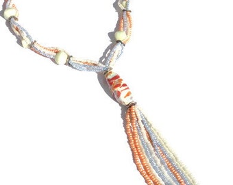 Necklace with seed beads in cream, salmon orange, light blue. Handcrafted collar, glass beads, ceramic beads. Long beaded necklace, Per Elle