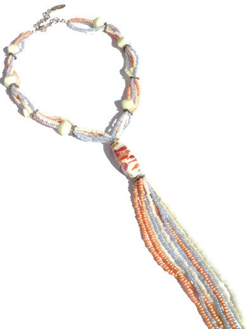 Necklace with seed beads in cream, salmon orange, light blue. Handcrafted collar, glass beads, ceramic beads. Long beaded necklace, Per Elle image 1