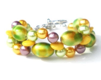 Bracelet with glass pearls in yellow, green, brown