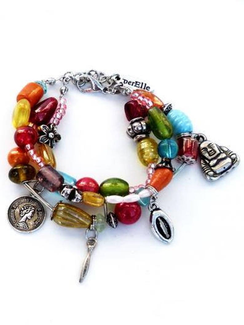 Multicolour bracelet with 3 strands beads and charms. Handcrafted wristlet with glass beads in pink, orange, yellow, turquoise, red, green zdjęcie 5