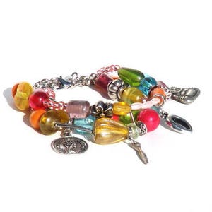 Multicolour bracelet with 3 strands beads and charms. Handcrafted wristlet with glass beads in pink, orange, yellow, turquoise, red, green zdjęcie 6