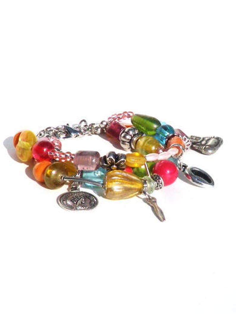 Multicolour bracelet with 3 strands beads and charms. Handcrafted wristlet with glass beads in pink, orange, yellow, turquoise, red, green zdjęcie 6