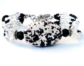 Bracelet black, white and transparent glass beads, seed beads, ceramic beads. Handmade wristlet, decorated black-white bead, PerElle jewelry