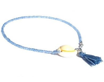Blue anklet with shell and tassel. Ankle bracelet, seed beads, tassel and cowrie shell, boho beach anklet, with or without extension chain