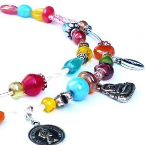 Multicolour short necklace, 2 strands glass beads and charms. Handcrafted beaded collar, red, yellow, orange, blue, green, pink, turquoise image 6