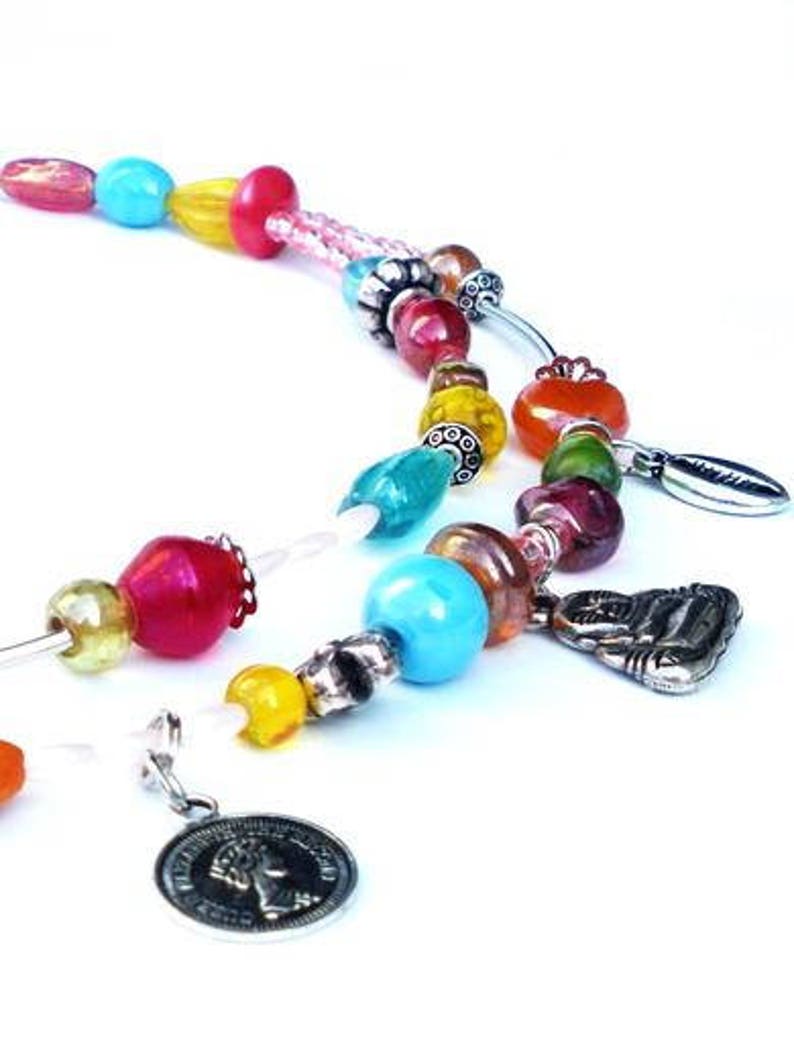 Multicolour short necklace, 2 strands glass beads and charms. Handcrafted beaded collar, red, yellow, orange, blue, green, pink, turquoise image 6