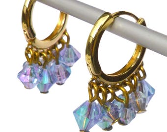 Gold-colored hoop earrings with acrylic faceted beads. Hoop earrings with blue or red beads, Ibiza hoop earrings, Per Elle handmade jewelry