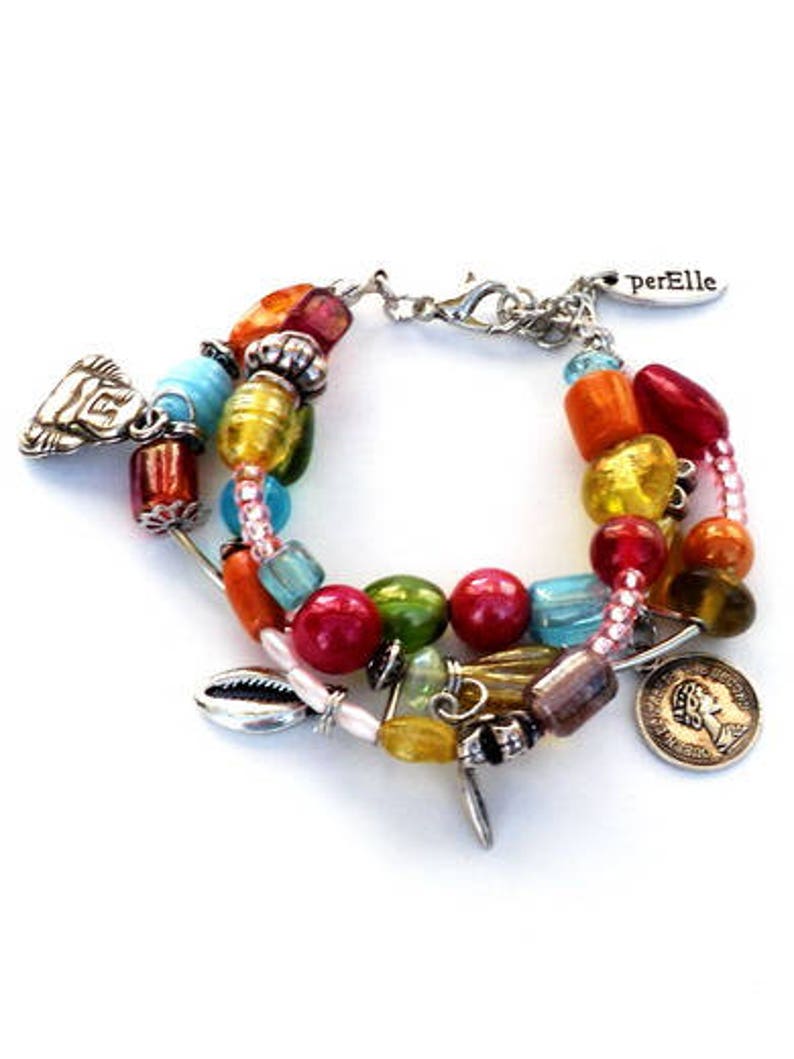 Multicolour bracelet with 3 strands beads and charms. Handcrafted wristlet with glass beads in pink, orange, yellow, turquoise, red, green zdjęcie 8