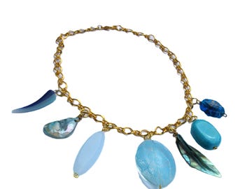 Chain Necklace with shell and glass pendants. Statement necklace in gold finish, turquoise charms, summery jewelry, mother-of-pearl, resin