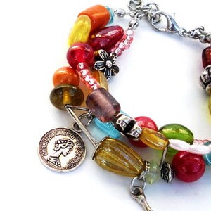 Multicolour bracelet with 3 strands beads and charms. Handcrafted wristlet with glass beads in pink, orange, yellow, turquoise, red, green zdjęcie 2