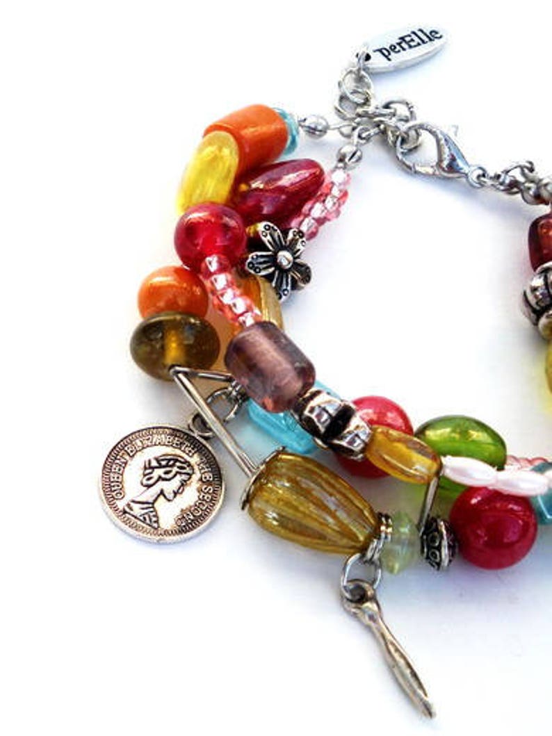 Multicolour bracelet with 3 strands beads and charms. Handcrafted wristlet with glass beads in pink, orange, yellow, turquoise, red, green zdjęcie 2