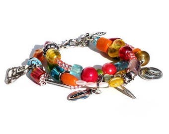 Multicolour bracelet with 3 strands beads and charms. Handcrafted wristlet with glass beads in pink, orange, yellow, turquoise, red, green