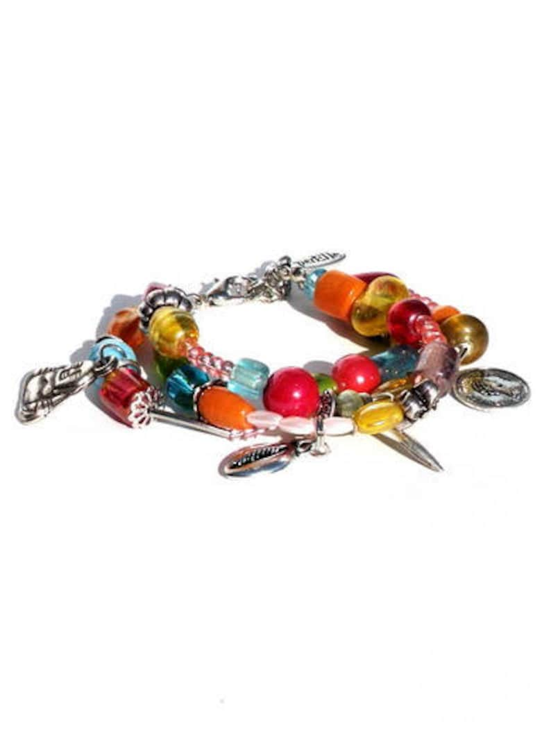 Multicolour bracelet with 3 strands beads and charms. Handcrafted wristlet with glass beads in pink, orange, yellow, turquoise, red, green zdjęcie 1