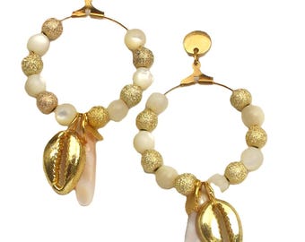 Gold-colored earrings - rings with tiger's eye beads and gold-tone beads. Stud earrings with handmade pendant  - shell beads, shell charms