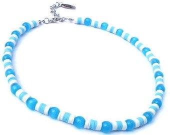Necklace with turquoise tiger's  eye beads  and white and turquoise Heishi beads. Handcrafted boho surfer necklace, beachy jewelry, Europe