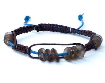 Turquoise and brown mens bracelet, leather cord, wax cord, recycled African glass bead. Handknotted leather wristband, boho male wristlet