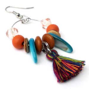 Earhoops with tassels, beads. Handcrafted lightweight earring, glass bead, shell, wood, coconut. Boho hoop earring, orange, turquoise, brown image 3