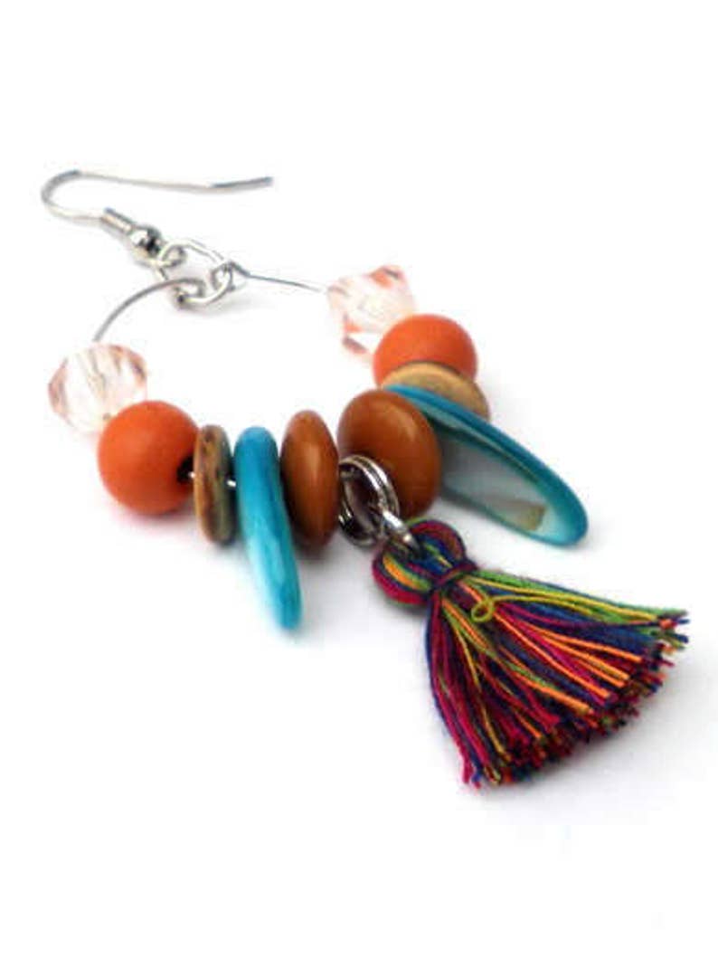 Earhoops with tassels, beads. Handcrafted lightweight earring, glass bead, shell, wood, coconut. Boho hoop earring, orange, turquoise, brown image 3