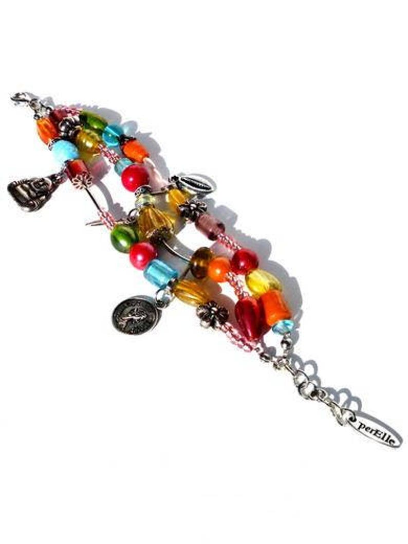 Multicolour bracelet with 3 strands beads and charms. Handcrafted wristlet with glass beads in pink, orange, yellow, turquoise, red, green zdjęcie 4
