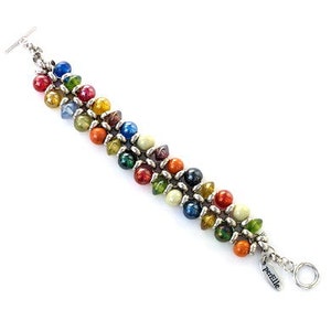 Multicolour bracelet with glass beads and silver-colored rollo chain. Handcrafted wristband, silver colored toggle clasp, boho chic jewelry image 8