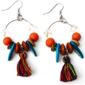 Earhoops with tassels, beads. Handcrafted lightweight earring, glass bead, shell, wood, coconut. Boho hoop earring, orange, turquoise, brown image 4