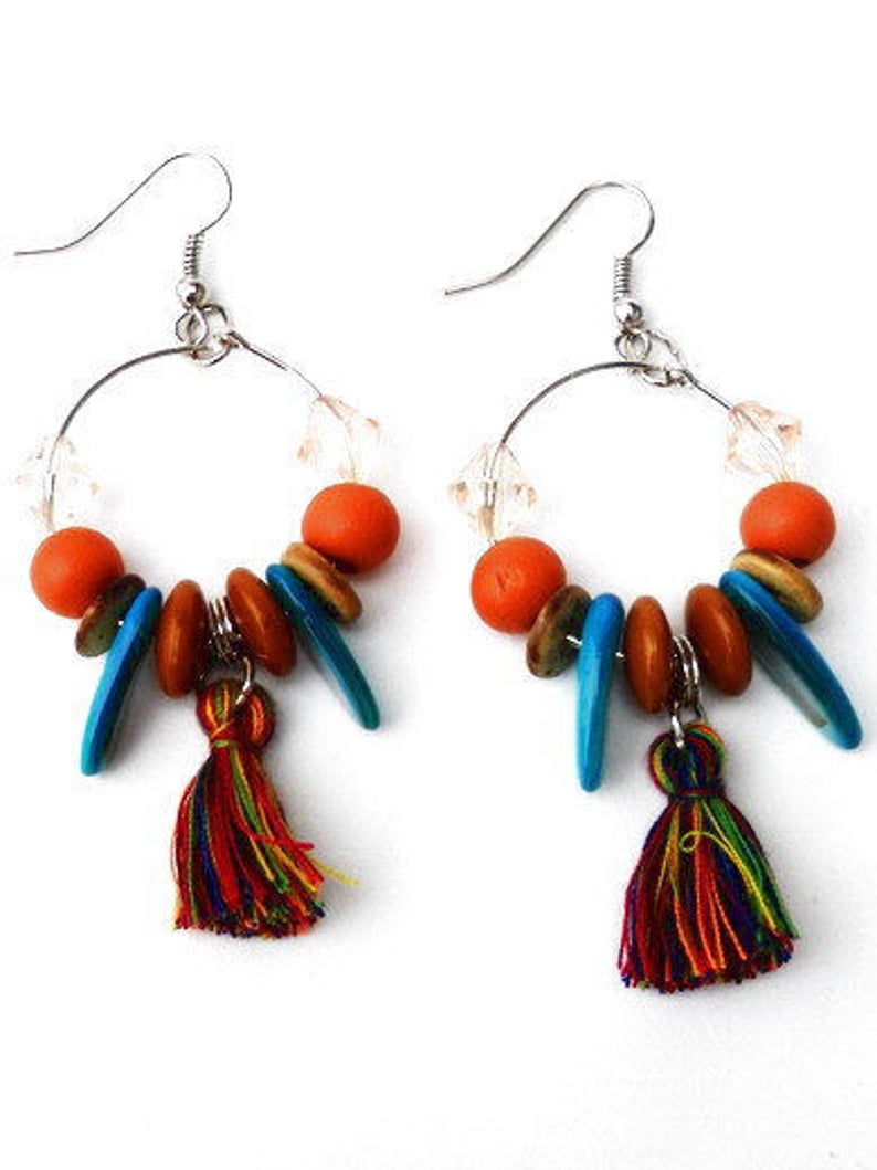 Earhoops with tassels, beads. Handcrafted lightweight earring, glass bead, shell, wood, coconut. Boho hoop earring, orange, turquoise, brown image 4