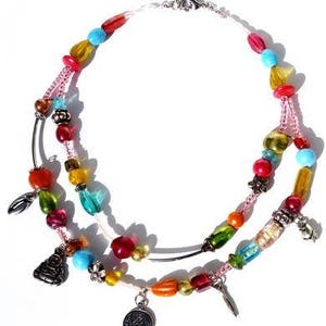 Multicolour short necklace, 2 strands glass beads and charms. Handcrafted beaded collar, red, yellow, orange, blue, green, pink, turquoise image 8
